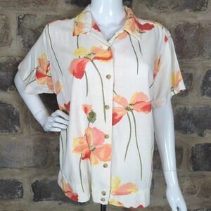 COLUMBIA Blouse Woman's Size XL Floral White Linen Blend Short‎ Sleeve Neutral